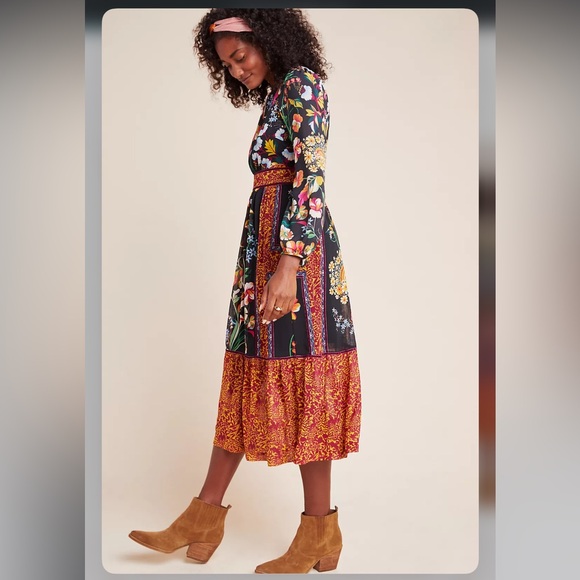 Anthropologie Floral Patchwork Velvet Trim Midi Dress Size 16 Boho Modest - Picture 2 of 16